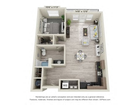 Floor plan for 1 bed, 1 bath, 770 sqft